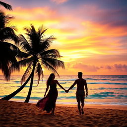 A stunning tropical beach scene at sunset, with golden sand and crystal clear turquoise waters