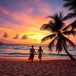 A stunning tropical beach scene at sunset, with golden sand and crystal clear turquoise waters