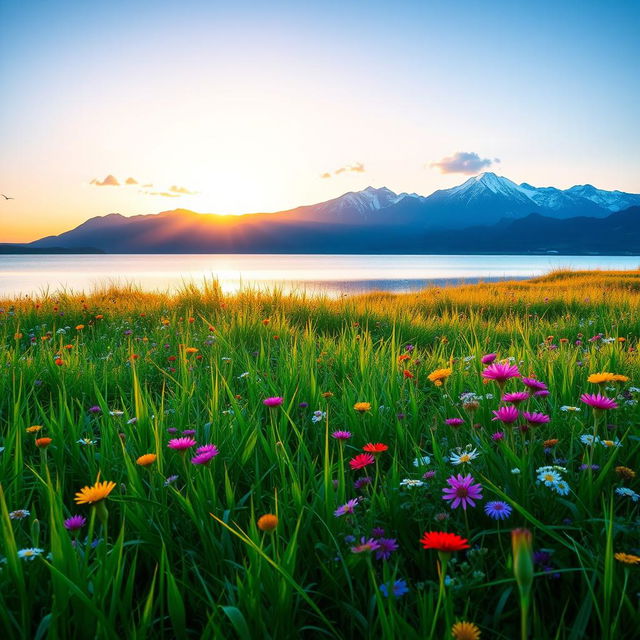 A serene landscape featuring a lush green meadow, dotted with vibrant wildflowers in a multitude of colors