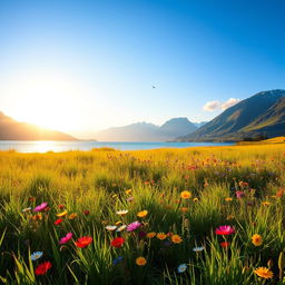 A serene landscape featuring a lush green meadow, dotted with vibrant wildflowers in a multitude of colors