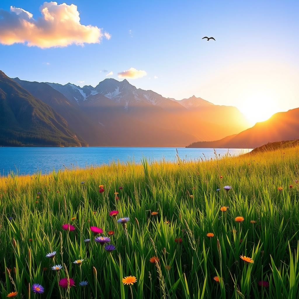 A serene landscape featuring a lush green meadow, dotted with vibrant wildflowers in a multitude of colors