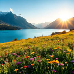 A serene landscape featuring a lush green meadow, dotted with vibrant wildflowers in a multitude of colors