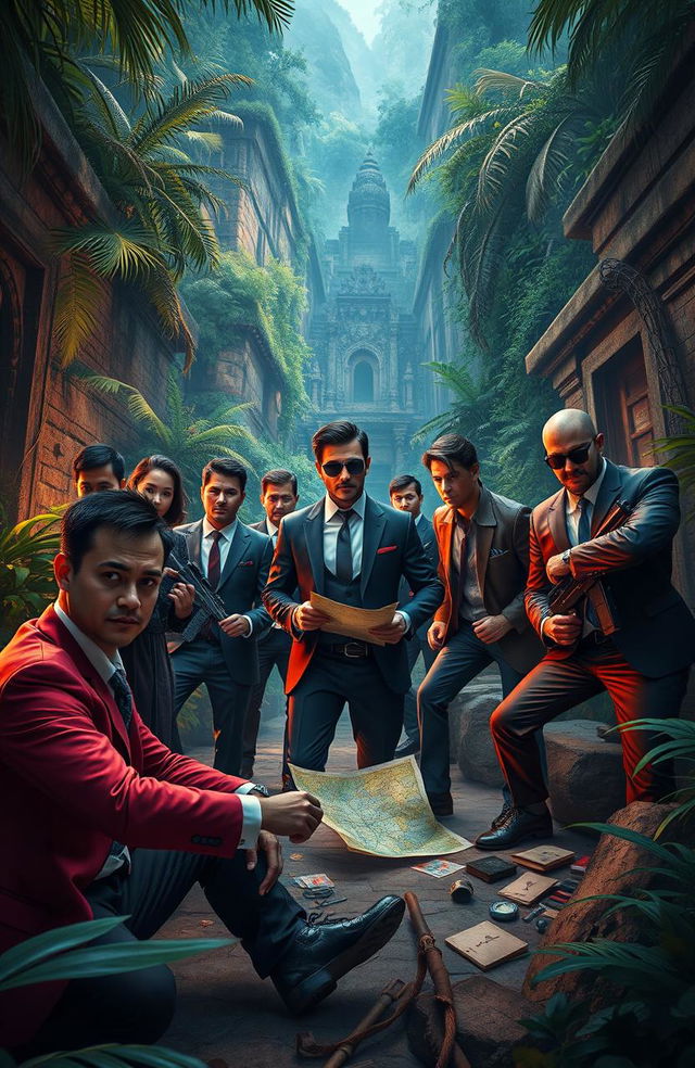 A thrilling scene depicting 7 Mafia members and 3 deactivators in a high-stakes treasure hunt set in Asia