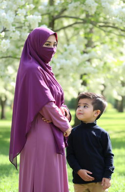 A serene scene depicting a Muslim woman wearing a traditional hijab, her face beautifully covered, standing gracefully on one side, and a young boy on the opposite side looking in her direction