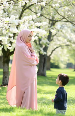 A serene scene depicting a Muslim woman wearing a traditional hijab, her face beautifully covered, standing gracefully on one side, and a young boy on the opposite side looking in her direction