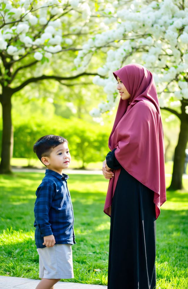 A serene scene depicting a Muslim woman wearing a traditional hijab, her face beautifully covered, standing gracefully on one side, and a young boy on the opposite side looking in her direction