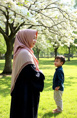 A serene scene depicting a Muslim woman wearing a traditional hijab, her face beautifully covered, standing gracefully on one side, and a young boy on the opposite side looking in her direction