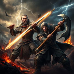 A dramatic and intense scene depicting a fierce battle between two warriors