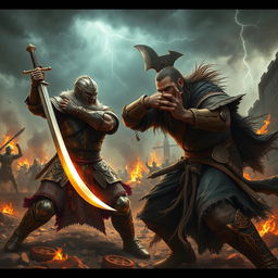 A dramatic and intense scene depicting a fierce battle between two warriors