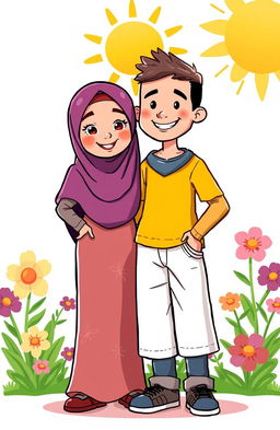 A colorful and vibrant cartoon illustration featuring a Muslim woman wearing a hijab that covers her face, standing confidently next to a man in a casual outfit