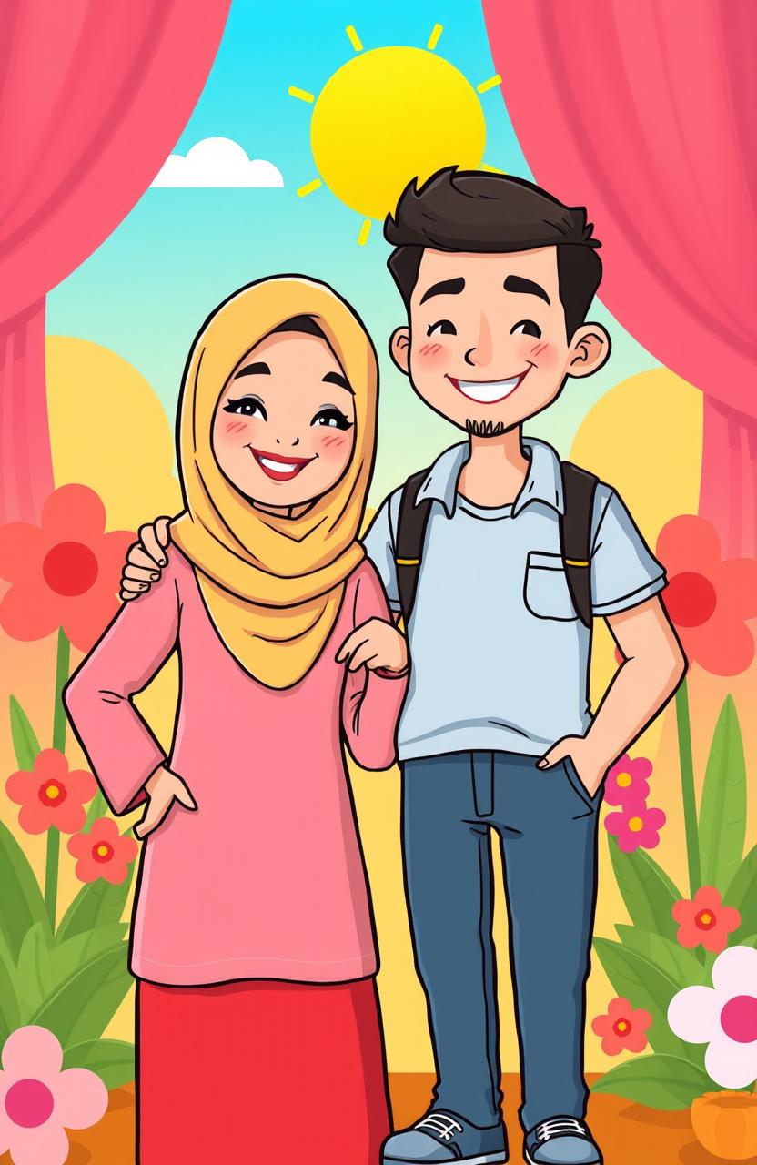 A colorful and vibrant cartoon illustration featuring a Muslim woman wearing a hijab that covers her face, standing confidently next to a man in a casual outfit