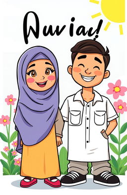 A colorful and vibrant cartoon illustration featuring a Muslim woman wearing a hijab that covers her face, standing confidently next to a man in a casual outfit