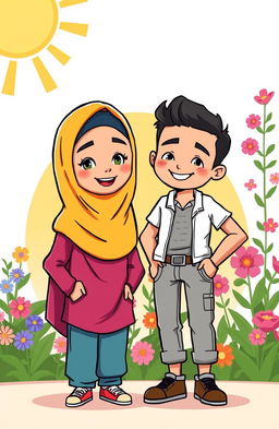 A colorful and vibrant cartoon illustration featuring a Muslim woman wearing a hijab that covers her face, standing confidently next to a man in a casual outfit