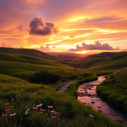 A breathtaking landscape showcasing a vibrant sunset over rolling hills, with lush greenery and a serene river flowing through the scene