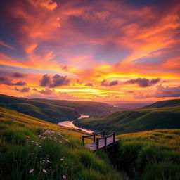 A breathtaking landscape showcasing a vibrant sunset over rolling hills, with lush greenery and a serene river flowing through the scene
