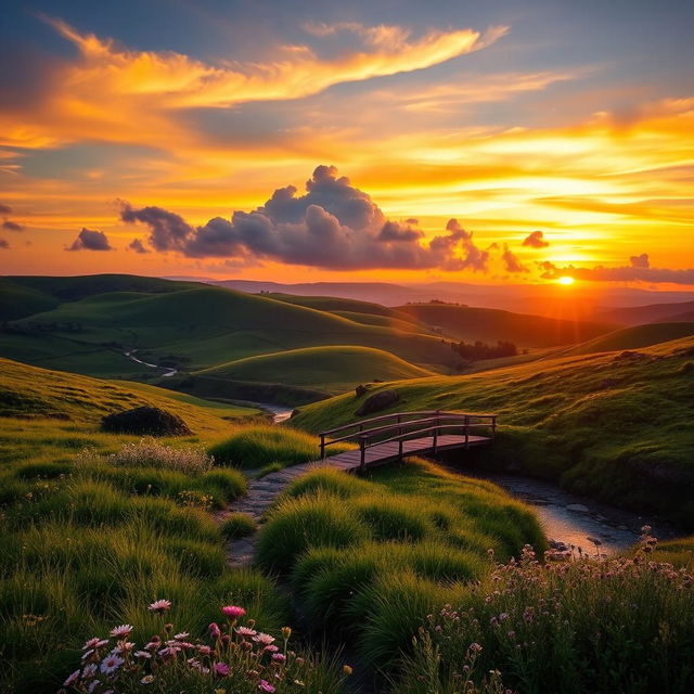 A breathtaking landscape showcasing a vibrant sunset over rolling hills, with lush greenery and a serene river flowing through the scene