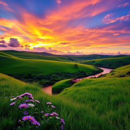 A breathtaking landscape showcasing a vibrant sunset over rolling hills, with lush greenery and a serene river flowing through the scene