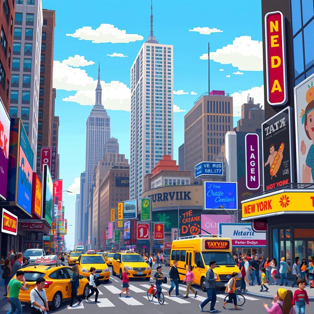 A vibrant 2D Pixel Art representation of a bustling New York street scene