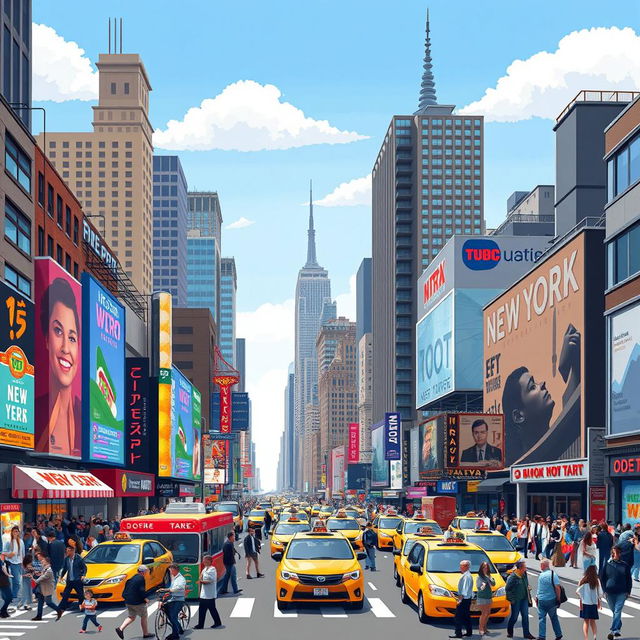 A vibrant 2D Pixel Art representation of a bustling New York street scene