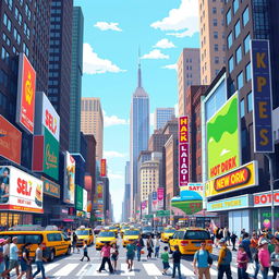 A vibrant 2D Pixel Art representation of a bustling New York street scene