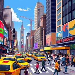 A vibrant 2D Pixel Art representation of a bustling New York street scene