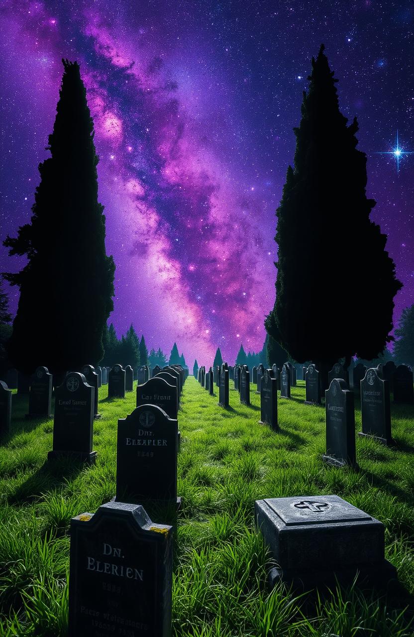 A serene cemetery scene set against a breathtaking cosmic background filled with vibrant galaxies, sparkling stars, and nebulae