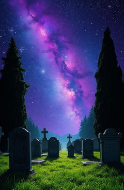 A serene cemetery scene set against a breathtaking cosmic background filled with vibrant galaxies, sparkling stars, and nebulae