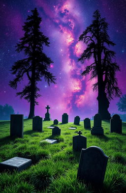 A serene cemetery scene set against a breathtaking cosmic background filled with vibrant galaxies, sparkling stars, and nebulae
