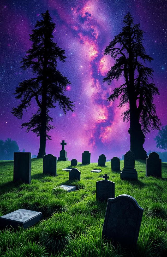 A serene cemetery scene set against a breathtaking cosmic background filled with vibrant galaxies, sparkling stars, and nebulae