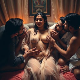 A sultry scene set in a softly lit bedroom at night, featuring a hot 18-year-old Indian bride removing her transparent chiffon saree, revealing her fully naked body that highlights her breasts and navel