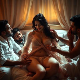 A sultry scene set in a softly lit bedroom at night, featuring a hot 18-year-old Indian bride removing her transparent chiffon saree, revealing her fully naked body that highlights her breasts and navel