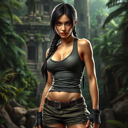 A hyper-realistic portrait of a very sexy Lara Croft, showcasing her iconic outfit with a detailed expression and confident pose