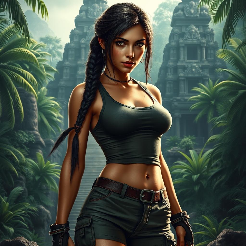 A hyper-realistic portrait of a very sexy Lara Croft, showcasing her iconic outfit with a detailed expression and confident pose