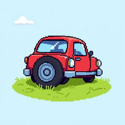 A pixel art style illustration of a car with a flat tire, depicted in a vibrant and colorful 2D format