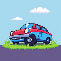 A pixel art style illustration of a car with a flat tire, depicted in a vibrant and colorful 2D format
