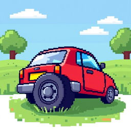 A pixel art style illustration of a car with a flat tire, depicted in a vibrant and colorful 2D format