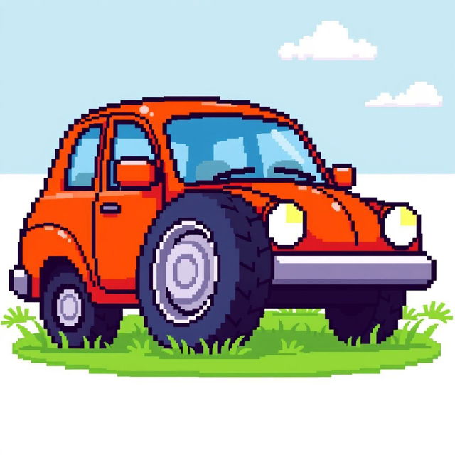 A pixel art style illustration of a car with a flat tire, depicted in a vibrant and colorful 2D format