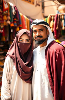 A serene scene depicting a Muslim woman wearing traditional clothing, her face partially obscured by a hijab