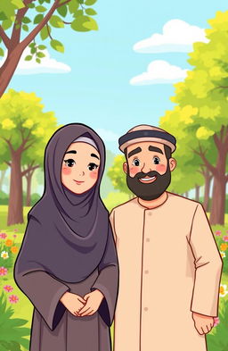 A vibrant cartoon scene featuring a Muslim woman wearing a hijab and traditional clothing, her face delicately obscured but conveyed through her body language and attire