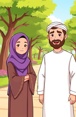 A vibrant cartoon scene featuring a Muslim woman wearing a hijab and traditional clothing, her face delicately obscured but conveyed through her body language and attire