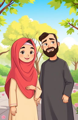 A vibrant cartoon scene featuring a Muslim woman wearing a hijab and traditional clothing, her face delicately obscured but conveyed through her body language and attire