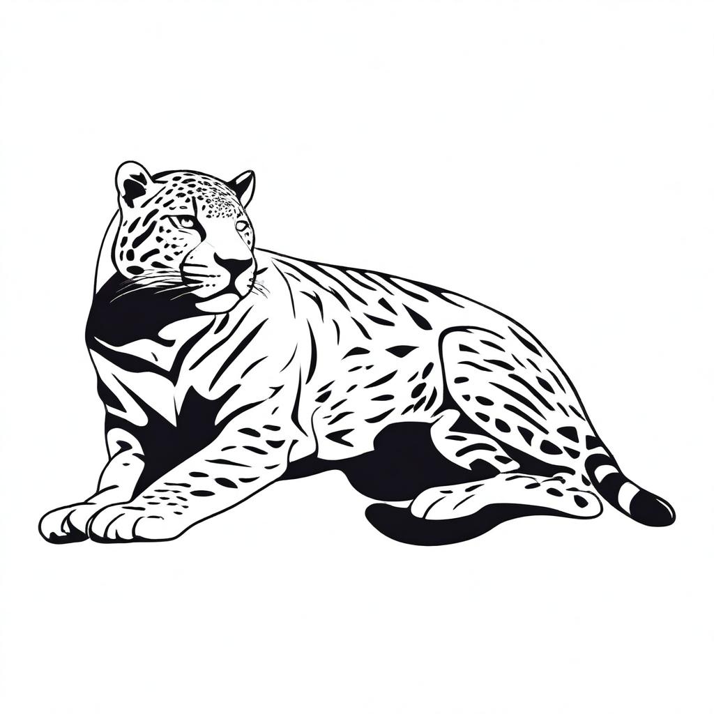 A full-body, side view illustration of a growling jaguar lying down, outlined clearly, set against a white background.