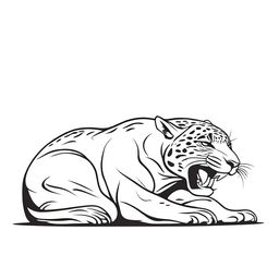 A full-body, side view illustration of a growling jaguar lying down, outlined clearly, set against a white background.