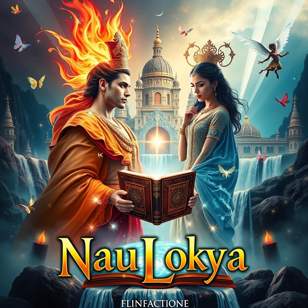 A stunning A4 book cover design for 'NauLokya' that transports viewers to a magical realm filled with wonder and beauty