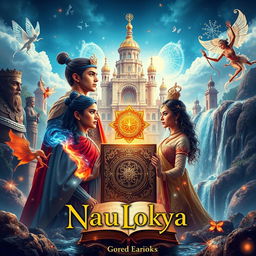 A stunning A4 book cover design for 'NauLokya' that transports viewers to a magical realm filled with wonder and beauty