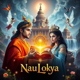 A stunning A4 book cover design for 'NauLokya' that transports viewers to a magical realm filled with wonder and beauty