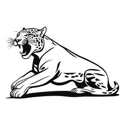 A full-body, side view illustration of a growling jaguar lying down, outlined clearly, set against a white background.