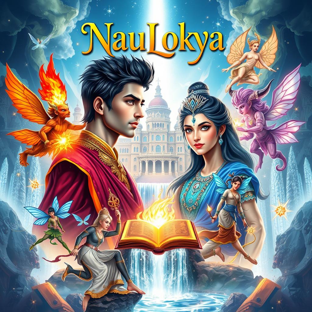 An enchanting A4 book cover design for 'NauLokya' that immerses viewers in a vibrant magical realm