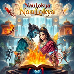 An enchanting A4 book cover design for 'NauLokya' that immerses viewers in a vibrant magical realm