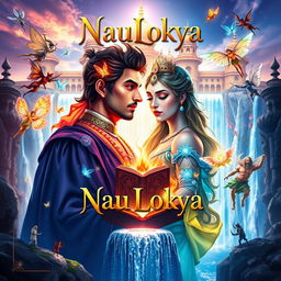 An enchanting A4 book cover design for 'NauLokya' that immerses viewers in a vibrant magical realm